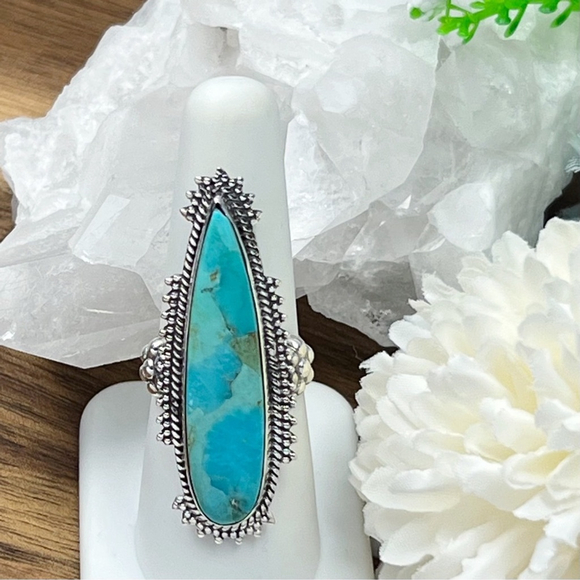 Solid Sterling Silver 925 Turquoise Ring Size 7 Long Boho Southwest Blue New - Picture 3 of 10